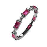 Central Diamond Center Baguette Stackable Birthstone Ring Band w/ Simulated Birthstones, Sterling Silver