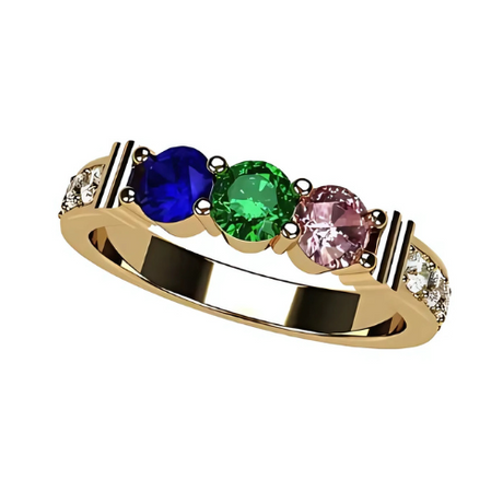 Central Diamond Center Shared Prong w/ Sides Mothers Birthstone Ring w/ 1-6 Simulated Gemstones in Sterling Silver, 10K, or 14K Gold