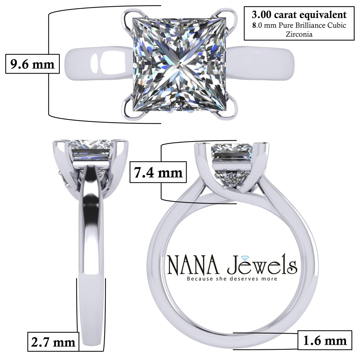 NANA Jewels 1 to4ct Simulated Diamond Engagement ring Princess Solitaire Lucita Cz & Silver