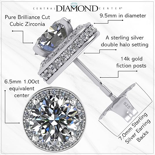 Central Diamond Center Round Halo Earring & Necklace Set w/ 6.5mm Simulated Birthstones in 925 Sterling Silver, Hypoallergenic