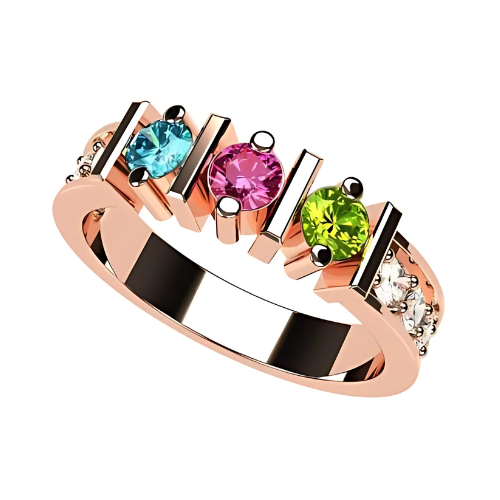 Central Diamond Center Straight Bar w/ Side CZs Mothers Ring with 1-6 Simulated Birthstones in Solid Sterling Silver, 10K or 14K Gold