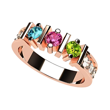 Central Diamond Center Straight Bar w/ Side CZs Mothers Ring with 1-6 Simulated Birthstones in Solid Sterling Silver, 10K or 14K Gold