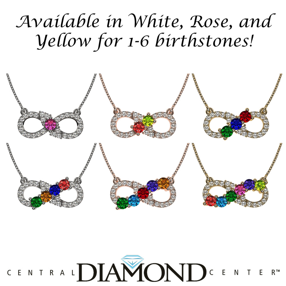 Central Diamond Center Infinity Mothers Birthstone Necklace w/ 1 to 6 Simulated Gemstones in Sterling Silver, 10K, or 14K Gold