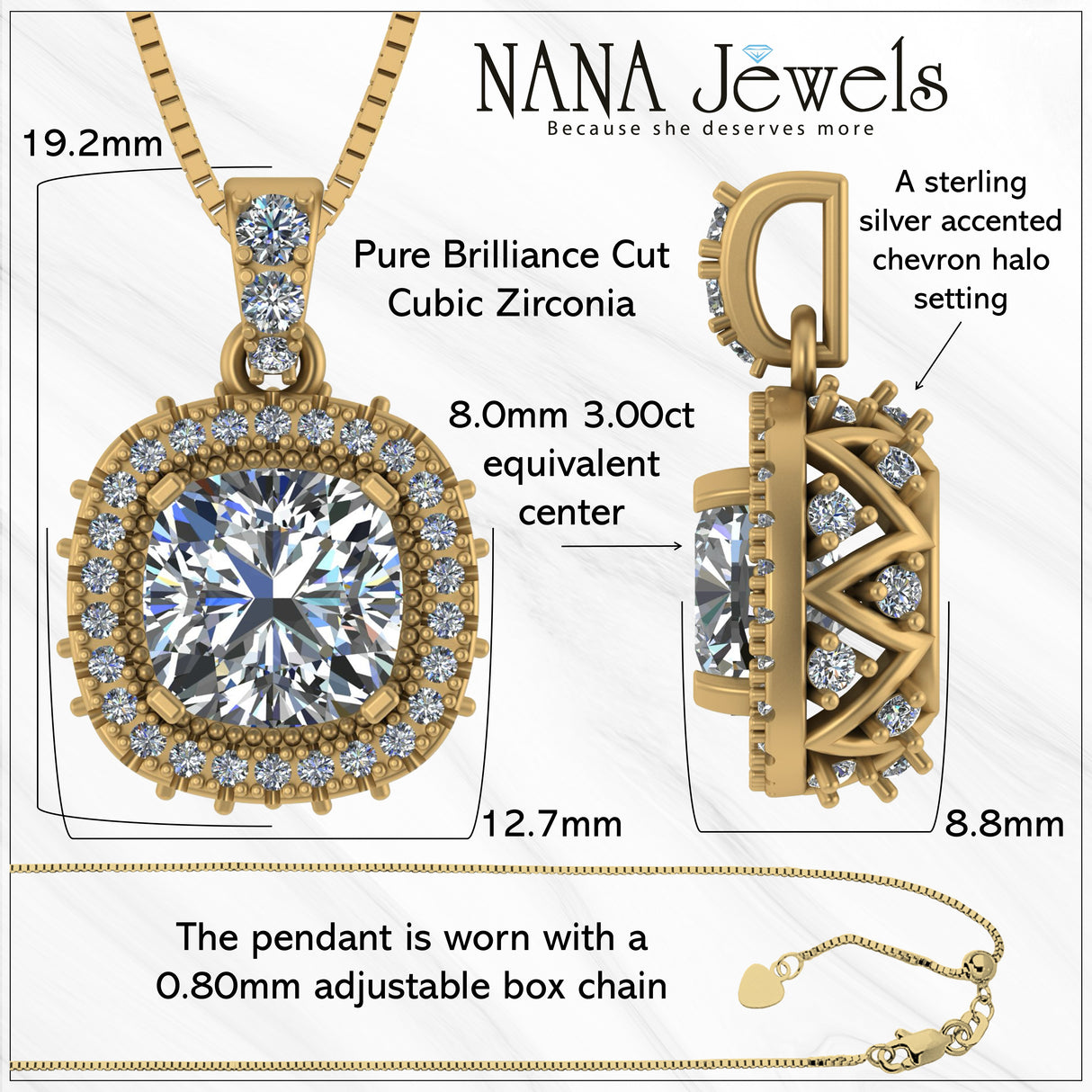 NANA Jewels Cushion Cut Halo CZ Simulated Diamond Solitaire Necklace Sterling Silver 8mm Zirconia Center Gemstone
