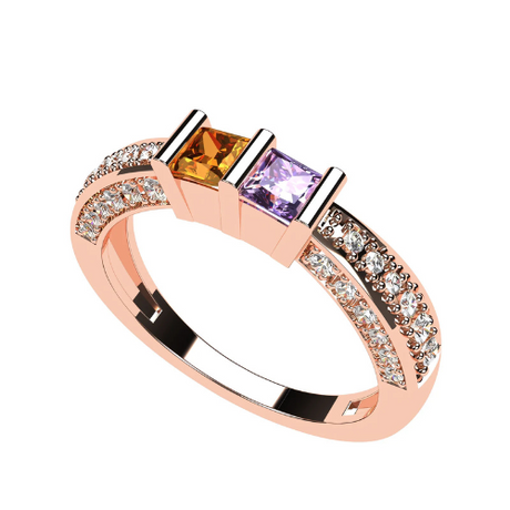 Central Diamond Center Princess Cut Birthstone Couples Ring w/CZs on 3 Sides, Sterling Silver, 10K, or 14K Gold