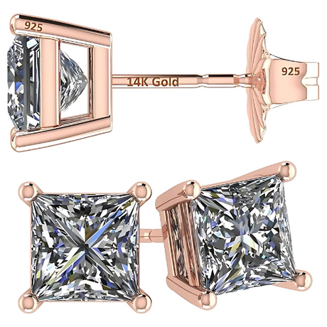 14K Gold Posts & Sterling Silver Princess Cut CZ Stud Earrings w/Pure Brilliance Zirconia, 1.50-4.00ctw