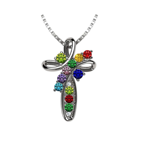 Central Diamond Center Family Cross Birthstone Mothers Necklace w/ 1 to 11 Simulated Birthstones in Solid 925 Sterling Silver