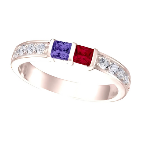 Central Diamond Center Princess w/ Side CZ Couples 2 Stone Ring w/ Simulated Birthstones in Silver 10K or 14K Gold