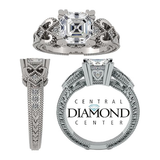 Central Diamond Center Asscher Cut Engagement Ring Pure Brilliance Zirconia, Vintage & Antique Look, Sterling Silver, 10K or 14K Gold