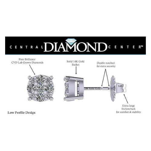 14K Solid Gold CVD Lab Grown Diamond Cluster Stud Earrings, (E-F - Vs) 9 Diamonds, 1.00 to 4.00 Carat Look