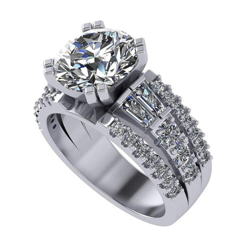 3.00 Carat Simulate Diamond Engagement Ring-Round & Baguette 5.00ct twt-Platinum Plated Sterling Silver