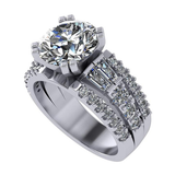 3.00 Carat Simulate Diamond Engagement Ring-Round & Baguette 5.00ct twt-Platinum Plated Sterling Silver
