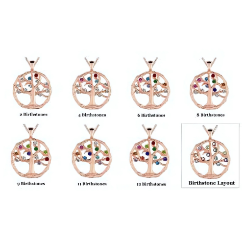 Central Diamond Center Tree of Life Mothers Birthstone Necklace in Silver-10K or 14K Gold. Up to 12stones