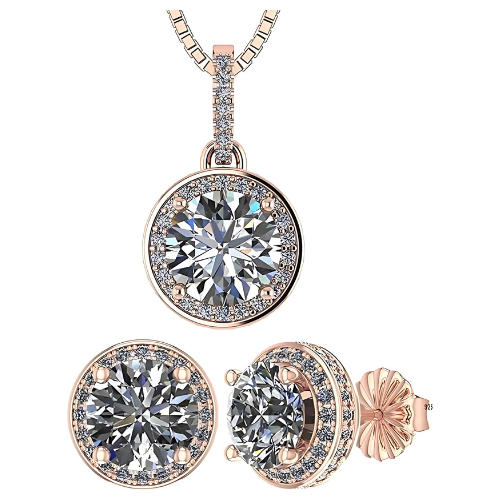 Central Diamond Center Halo Earring & Necklace Set, Solid Sterling Silver w/Pure Brilliance Zirconia - Hypoallergenic