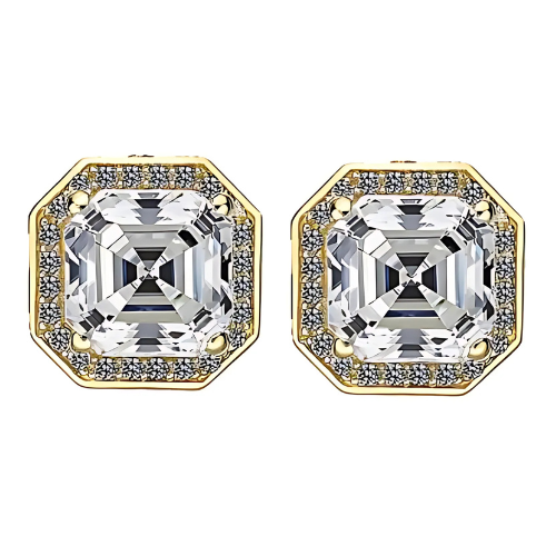 Asscher cut halo stud earring with a 14K solid gold post.