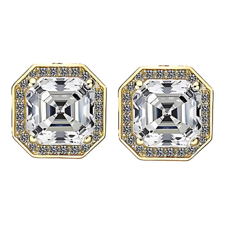 Asscher cut halo stud earring with a 14K solid gold post.