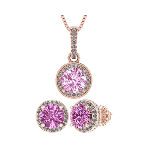 Central Diamond Center Round Halo Earring & Necklace Set w/ 6.5mm Simulated Birthstones in 925 Sterling Silver, Hypoallergenic