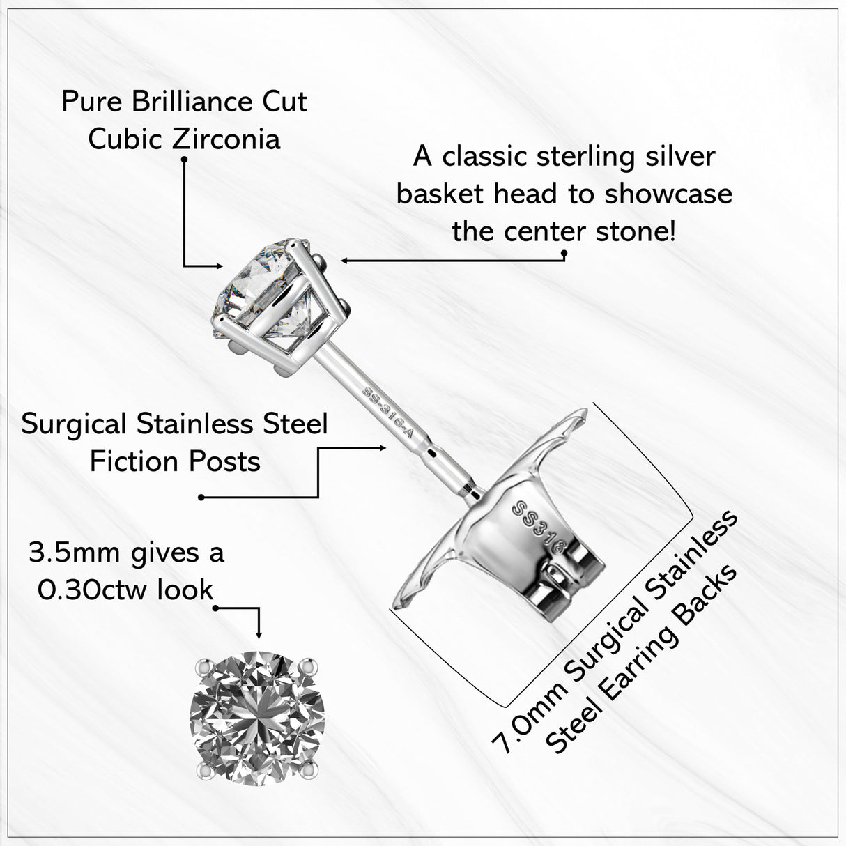 Central Diamond Center 14K Hypoallergenic Solid Gold Post Swarovski Zirconia Stud Earrings-Premium Comfort, No Irritation-Classic Gift for Sensitive Ears (Various Sizes)