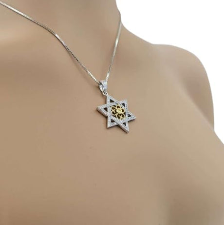 Central Diamond Center Star of David Pendant 925 Sterling Silver and Pure Brilliance CZ w/Box Chain (19mm x 21mm)