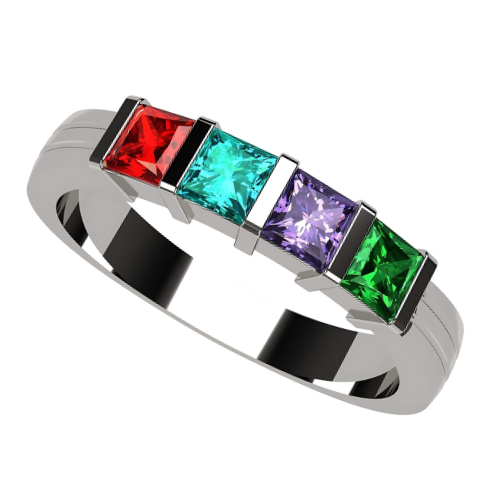 Central Diamond Center Princess Mothers Ring w/ 1 to 6 Simulated Birthstones in Sterling Silver, 10K or 14K Gold