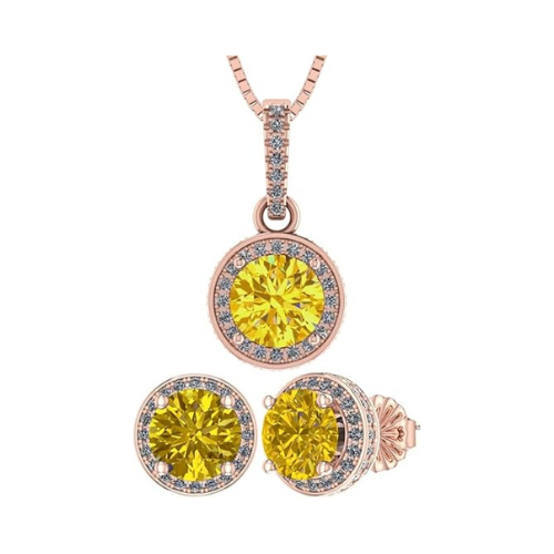 Central Diamond Center Round Halo Earring & Necklace Set w/ 6.5mm Simulated Birthstones in 925 Sterling Silver, Hypoallergenic