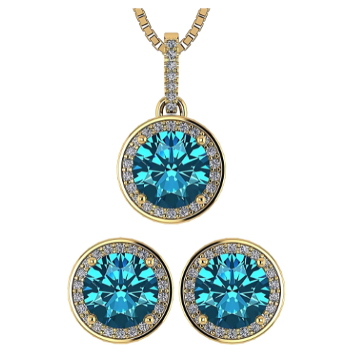 Central Diamond Center Round Halo Earring & Necklace Set w/ 6.5mm Simulated Birthstones in 925 Sterling Silver, Hypoallergenic