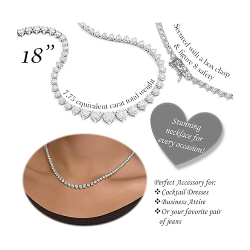 Central Diamond Center Sterling Silver & Graduated CZ 3 or 4 prongs Tennis Necklace, 18", White, Yellow or Rose Gold Plated