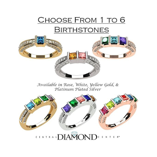 Central Diamond Center Princess Mothers Birthstone Ring w/Accent CZs on 3 Sides w/1-6 Simulated Gemstones in Silver, 10K or 14K Gold