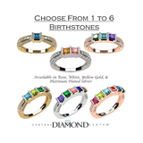 Central Diamond Center Princess Mothers Birthstone Ring w/Accent CZs on 3 Sides w/1-6 Simulated Gemstones in Silver, 10K or 14K Gold