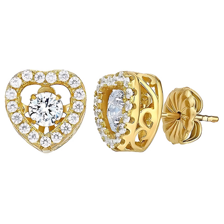 Central Diamond Center Heart Dancing Gemstone Earrings in Sterling Silver made w/ Pure Brilliance Zirconia