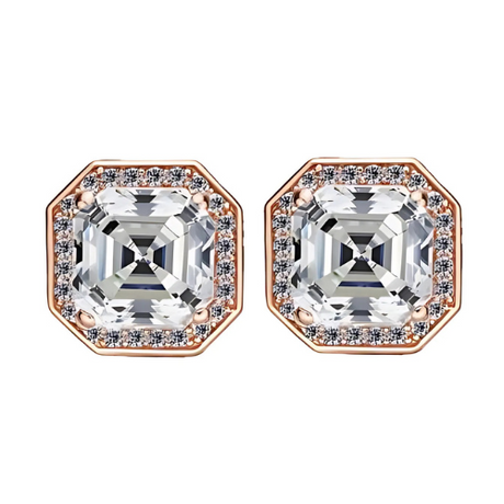 Model wearing sterling silver asscher cut stud earrings.