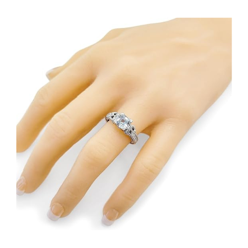 Central Diamond Center Asscher Cut Engagement Ring Pure Brilliance Zirconia, Vintage & Antique Look, Sterling Silver, 10K or 14K Gold