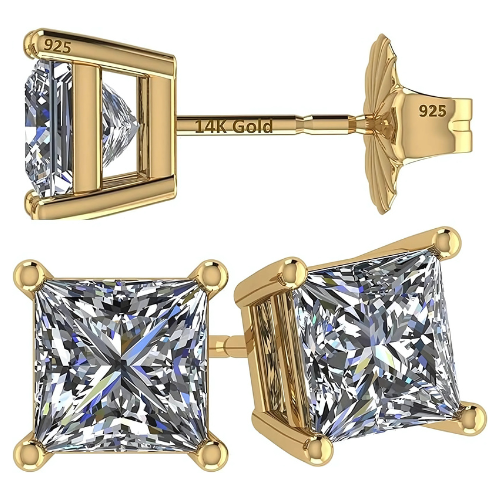 Model wearing radiant 2.00ctw princess cut CZ stud earrings.