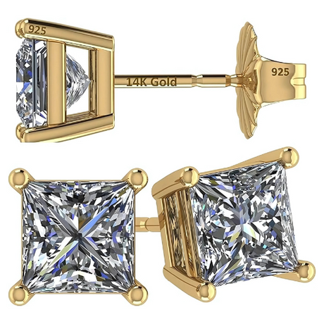 14K Gold Posts & Sterling Silver Princess Cut CZ Stud Earrings w/Pure Brilliance Zirconia, 1.50-4.00ctw