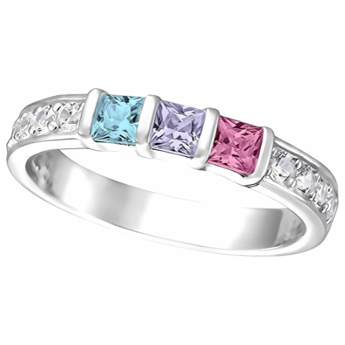 Central Diamond Center Princess w/Sides Mothers Rings with 1 to 6 Simulated Birthstones, Sterling Silver, 10K or 14K Gold