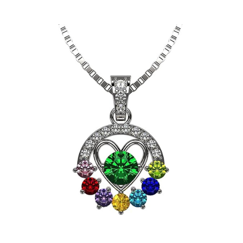 Central Diamond Center Heart in Circle Birthstone Mothers Necklace w/ 1-7 Simulated Gemstones in Solid Sterling Silver for Women