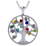 Central Diamond Center Tree of Life Mothers Birthstone Necklace in Silver-10K or 14K Gold Up to 12stones