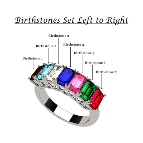 Central Diamond Center Emerald Cut Mothers Rings w/ 1 to 7 Simulated Birthstones in Sterling Silver, 10K or 14K Gold