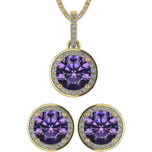 Central Diamond Center Round Halo Earring & Necklace Set w/ 6.5mm Simulated Birthstones in 925 Sterling Silver, Hypoallergenic