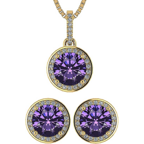 Central Diamond Center Round Halo Earring & Necklace Set w/ 6.5mm Simulated Birthstones in 925 Sterling Silver, Hypoallergenic