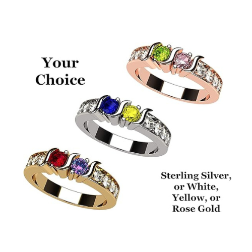 Central Diamond Center S-Bar w/Sides Couple's Ring with Simulated Birthstones in Sterling Silver, 10K or 14k Solid GOLD