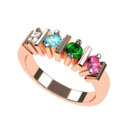 Central Diamond Center Straight Bar Mother's Ring Simulated Birthstone Ring w/ 1-6 Stones - Sterling Silver, 10K or 14K Gold