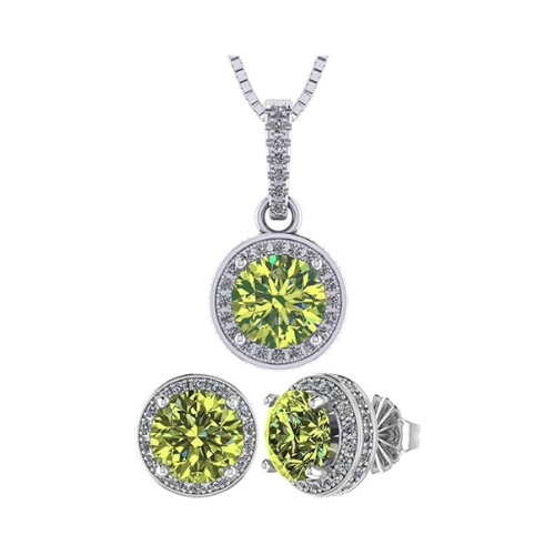Central Diamond Center Round Halo Earring & Necklace Set w/ 6.5mm Simulated Birthstones in 925 Sterling Silver, Hypoallergenic
