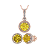 Central Diamond Center Round Halo Earring & Necklace Set w/ 6.5mm Simulated Birthstones in 925 Sterling Silver, Hypoallergenic