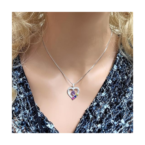 Central Diamond Center Mother & Child Heart Birthstone Necklace w/ 1-6 Simulated Gemstones in Sterling Silver, 10K, or 14K Gold