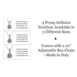 3 Prong Round Solitaire Simulated Diamond Necklace in Solid Sterling Silver with Pure Brilliance Zirconia