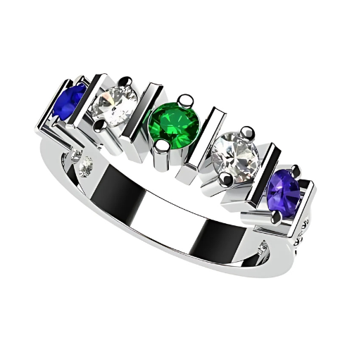 Central Diamond Center Straight Bar w/ Side CZs Mothers Ring with 1-6 Simulated Birthstones in Solid Sterling Silver, 10K or 14K Gold