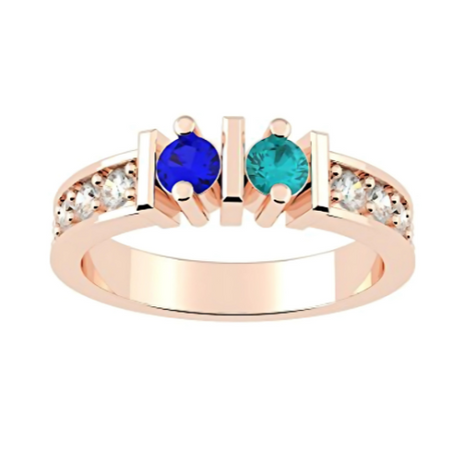 Central Diamond Center Straight Bar w/ Sides Couples 2 Stone Ring w/ Simulated Birthstones Silver or 10K, 14K Gold