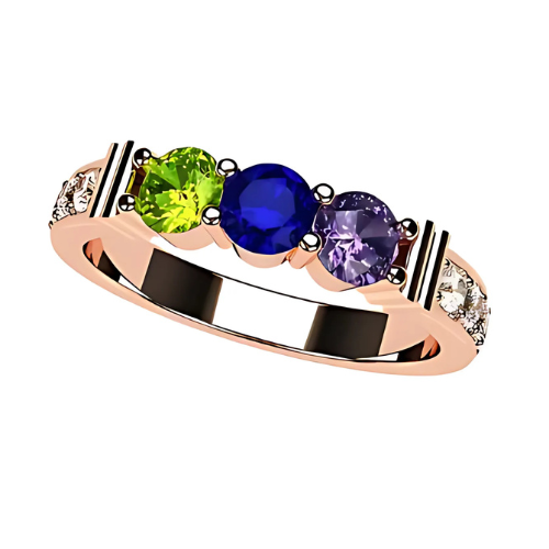 Central Diamond Center Shared Prong w/ Sides Mothers Birthstone Ring w/ 1-6 Simulated Gemstones in Sterling Silver, 10K, or 14K Gold