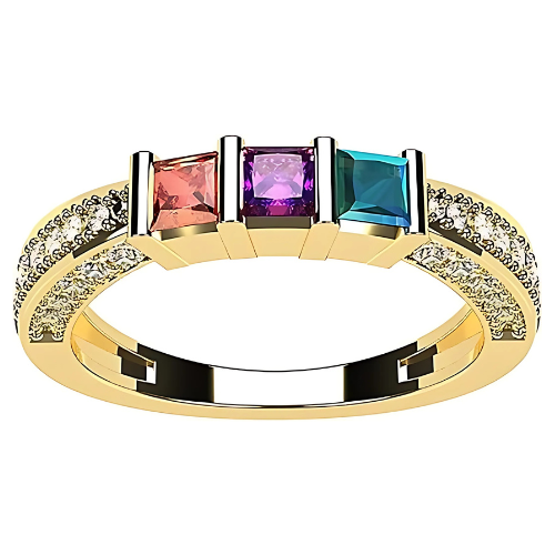 Central Diamond Center Princess Mothers Birthstone Ring w/Accent CZs on 3 Sides w/1-6 Simulated Gemstones in Silver, 10K or 14K Gold